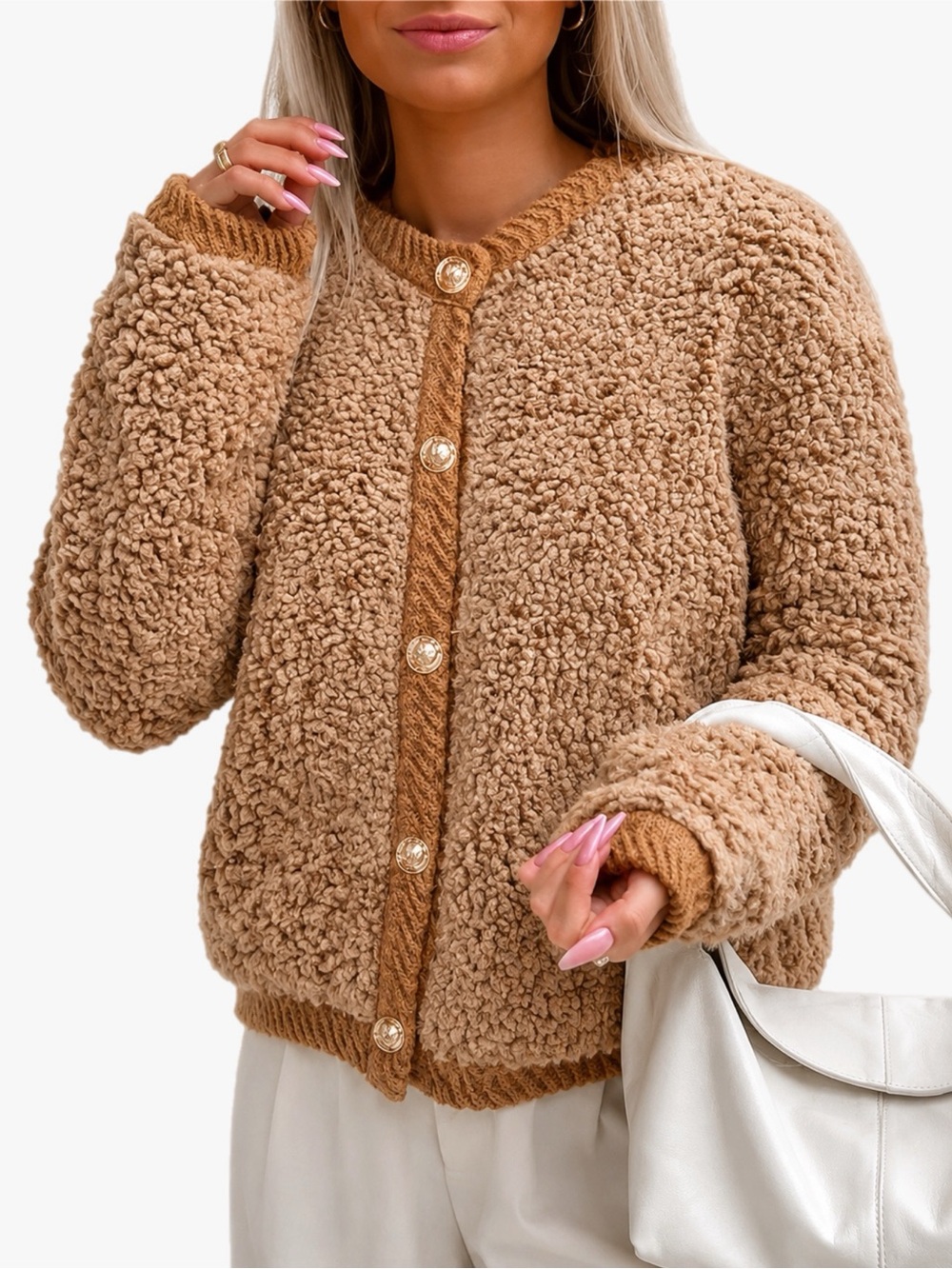 NWT PRETTYGARDEN Size Small Camel Teddy Fleece Cardigan Jacket Cozy Soft